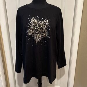 CJ Banks Cotton Blend 1X Plus Long Sleeve Black Pullover  Star Sequins Gems